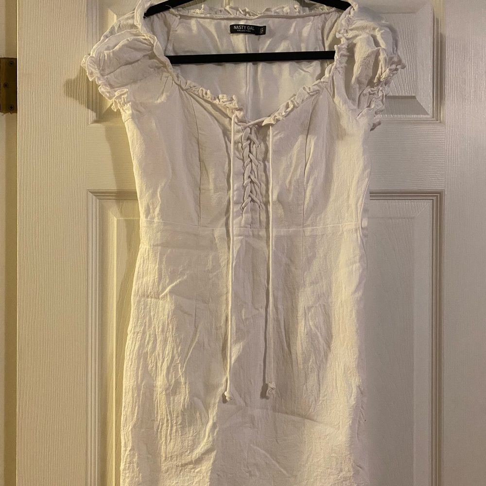 White mini dress with tie up front